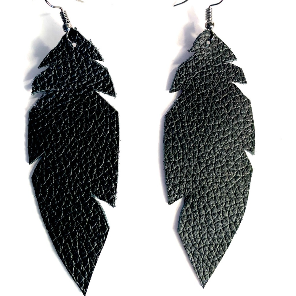 Black Leather Leaf Earrings, 4"